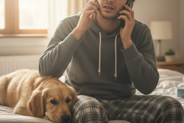 会社に電話をかける犬の飼い主